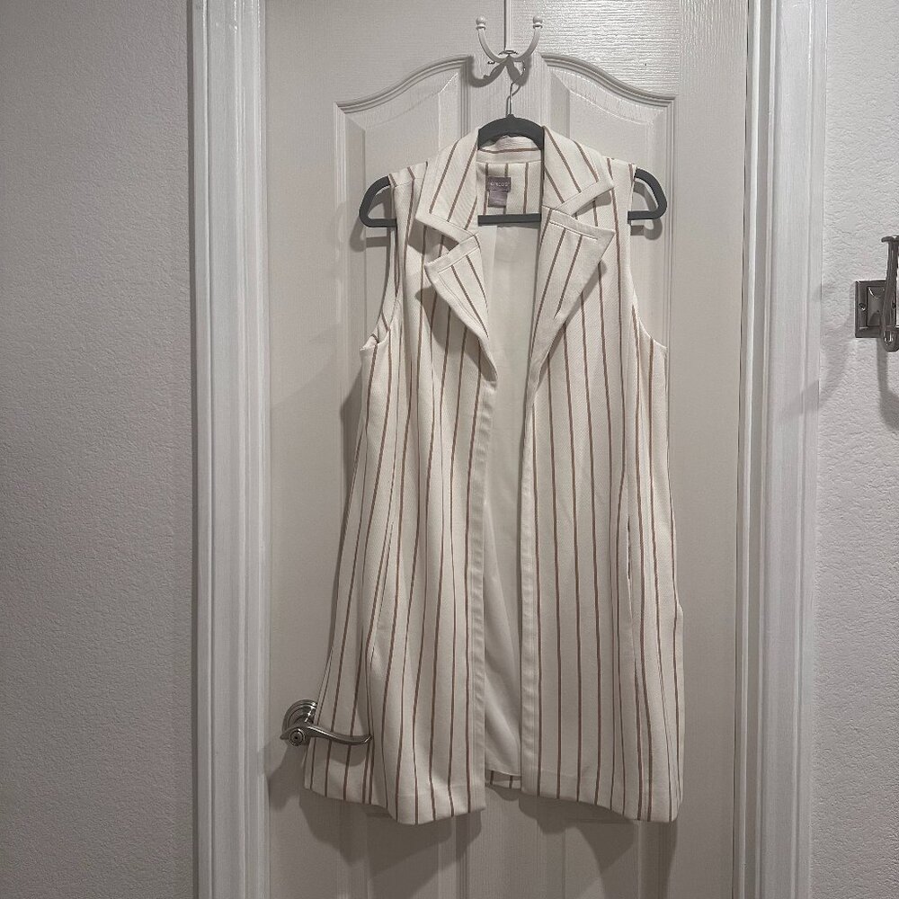 Chico's Women's Sleeveless long vest  White Tan Vertical Stripes Size L/Size 2